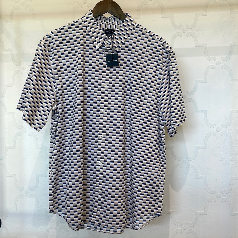 Club Monaco Slim Fit Short Sleeve Botton Up- Blue, White, Cream print